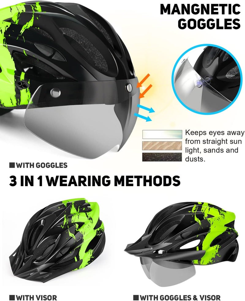 TADPOLE Bike Helmet with USB Rechargeable LED Light Detachable Goggles and Sun Visor, Mountain & Road Bicycle Helmets for Men Women Adult Cycling Helmets - Image 2